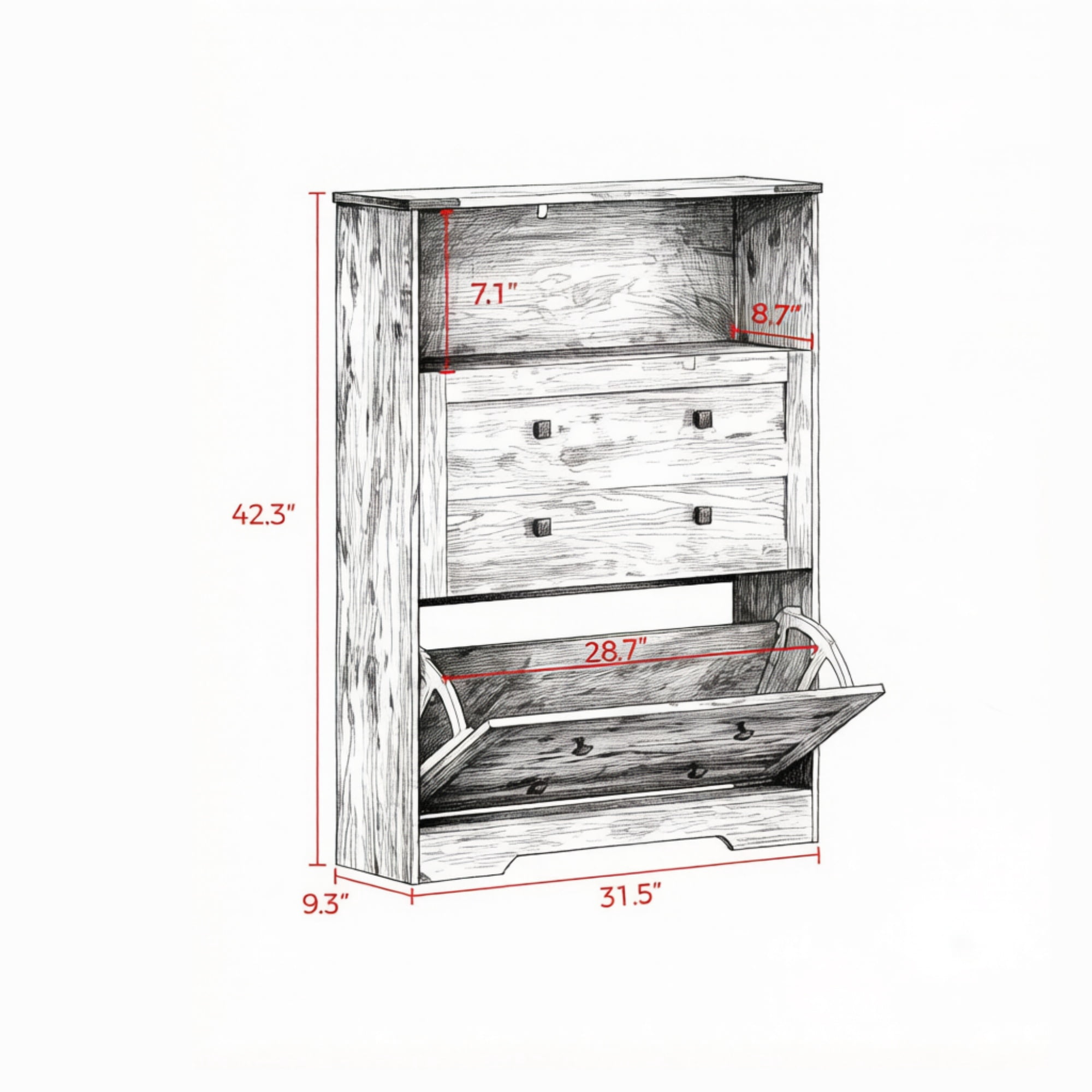 Narrow Shoe Storage Cabinet, 2 Flip Drawers Design, Space-Saving Shoe Rack, Rustic Brown