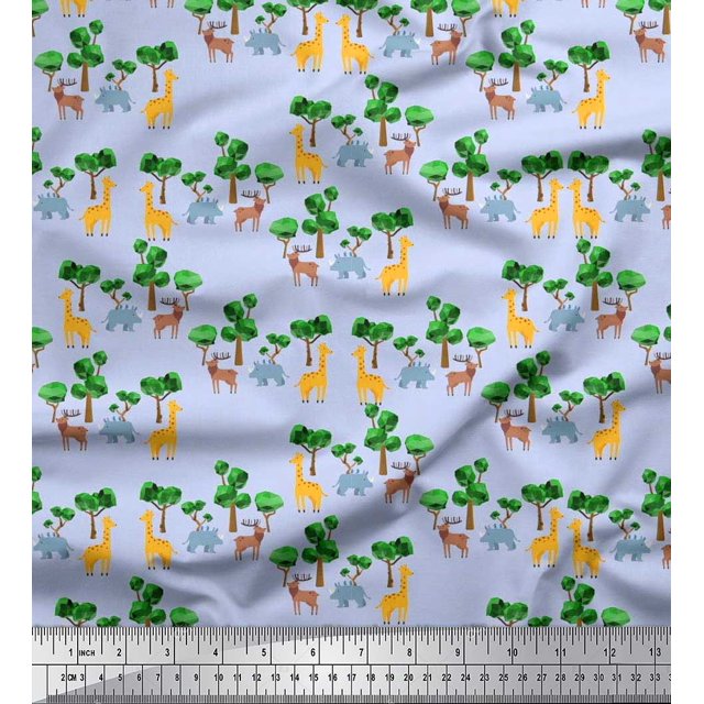 Soimoi Cotton Poplin Fabric Tree,Giraffe & Reindeer Animal Print Fabric by The Yard 42 Inch Wide