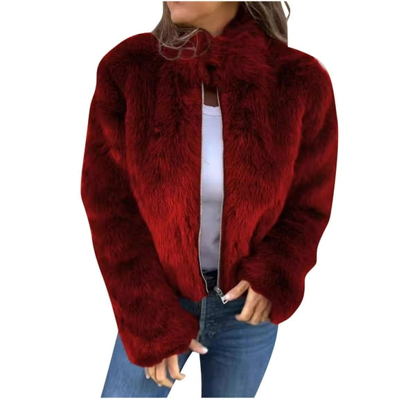 UAMVSH Women's Stand Neck Zipper Casual Jackets Cropped Winter Long Sleeve Fuzzy Coats Warm Sherpa Fleece Outerwear Plush Clothes(X-Large,Red)