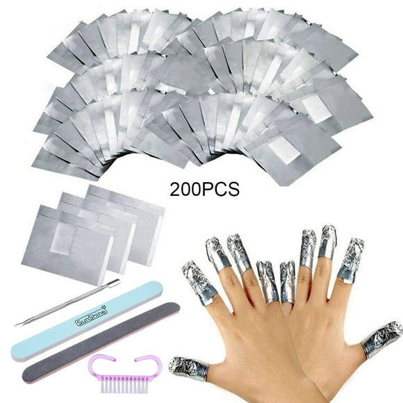 1 Set 200Pcs Aluminium Foil Nail Art Soak Off UV Nail Gel Polish Nail Removal Wraps Double Head Nail Cuticle Pusher Nail File Nail Brush Manicure Pedicure Tool
