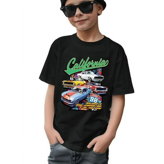 Vintage Car Print Short Sleeve Summer T-Shirt for Boys - Soft & Breathable Polyester Tee with Crew Neck Sizes 7-15Y