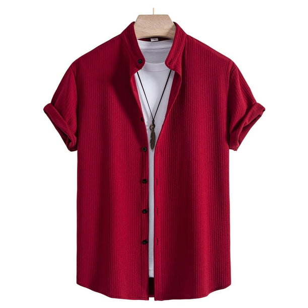 Blusa y camisa de manga corta con cuello vuelto para hombre, blusa informal de moda con cuello vuelto, blusa lisa de manga corta con botones, blusa de poliéster para hombre