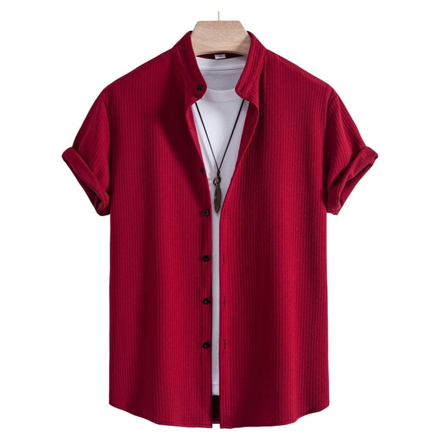 Camisas Elvqul para Hombre Liso Manga Corta Mayor Rojo Solapa Botones