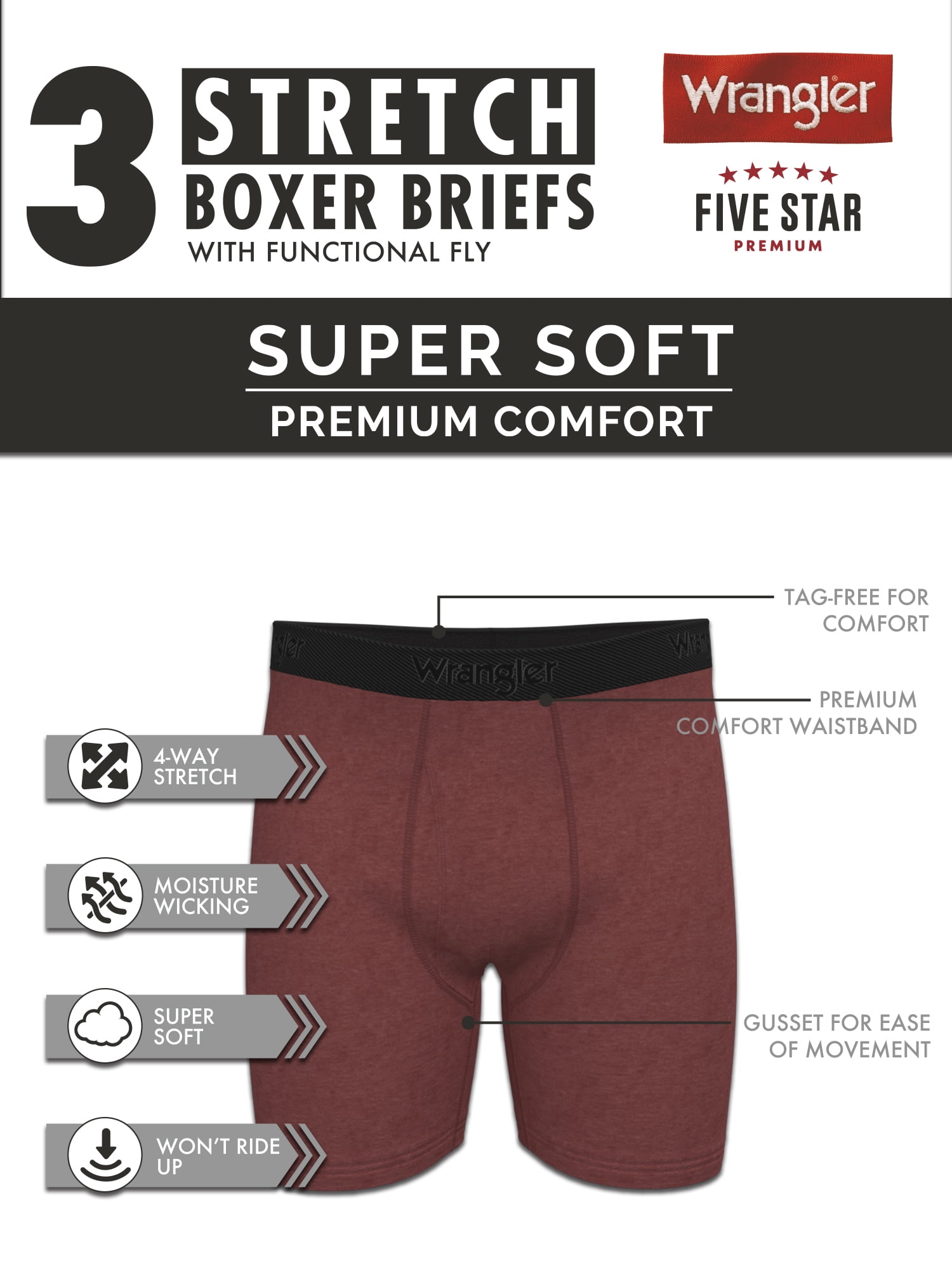Wrangler Five Star Premium Pro Venture Men’s 6" Boxer Briefs, 3-Pack