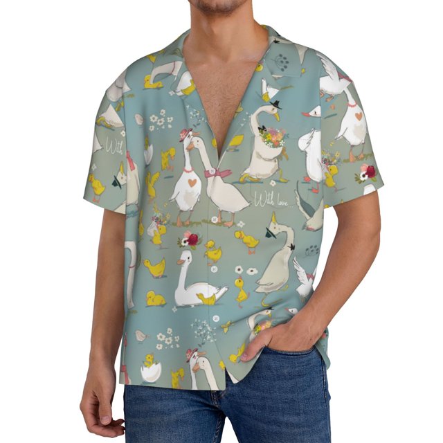 Balery Cute Farm Birds Camisa Casual de Manga Corta con Botones para Hombre, Texturizada, Estilo Cubano, para Playa, Verano-Medium