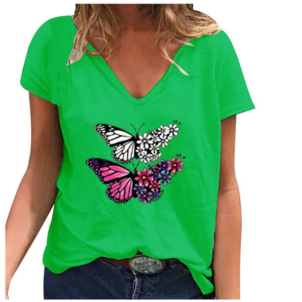 Gibobby Playera Manga Corta para Mujer Camiseta suelta informal con cuello en V para mujer, blusa manga corta con estampado(Verde,XL)