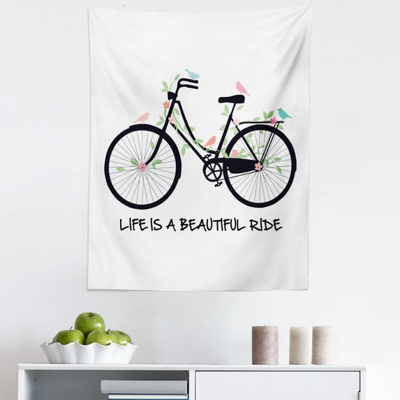 Saying Tapestry, Vintage Bicycle with Birds Flowers on Green Leafy Branches with a Text, Fabric Wall Hanging Decor for Bedroom Living Room Dorm, 5 Sizes, Multicolor, by Ambesonne