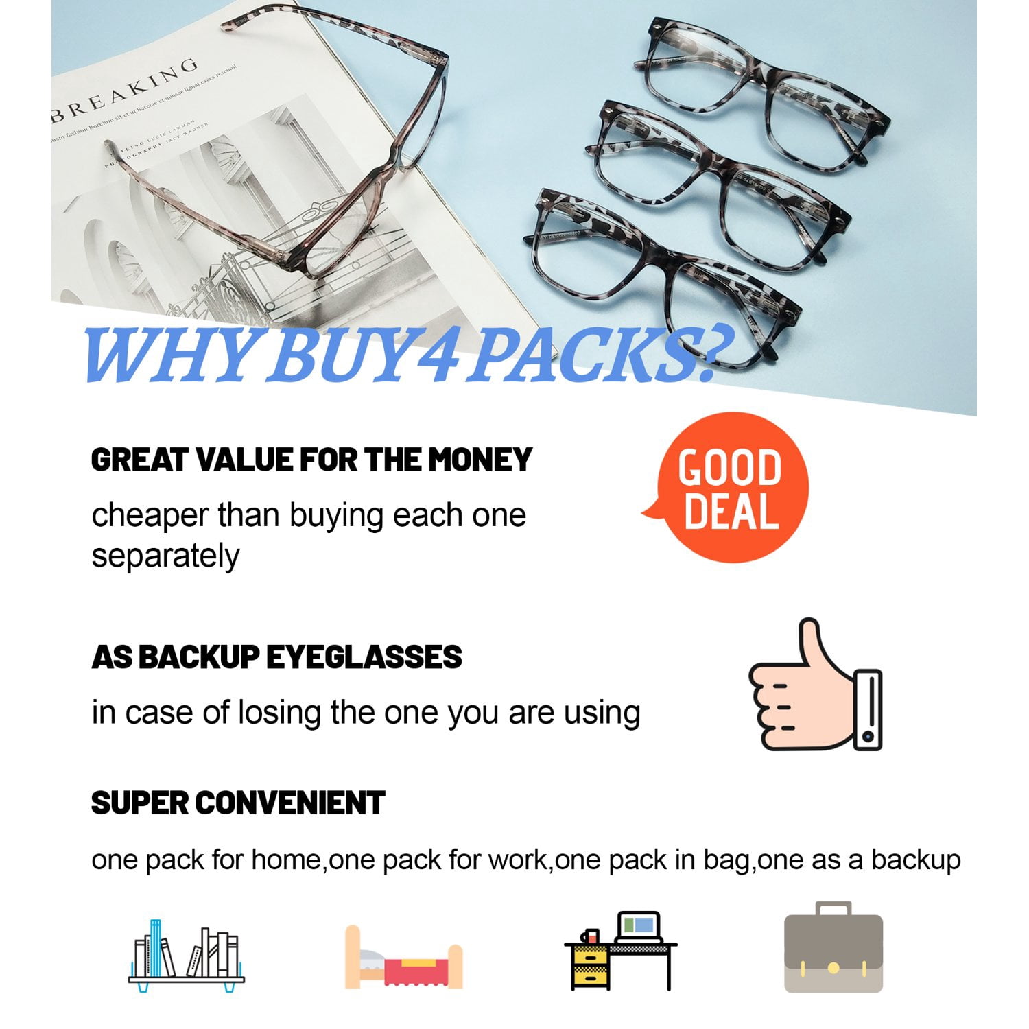 WEMOOTANTS 4 Pack Reading Glasses +4.0 for Women Men, Large Square Readers 400 Tortoise Mens Designer Reader Glasses