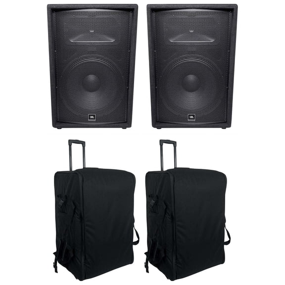 (2) JBL JRX215 1000 Watt 15" Passive DJ PA Speakers (2) Rolling Travel Bags