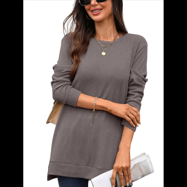 Camiseta Holgada de Larga con Cuello Redondo y Estampado Geométrico de Jacquard para Mujer, Ropa de Invierno 2025 Café XL