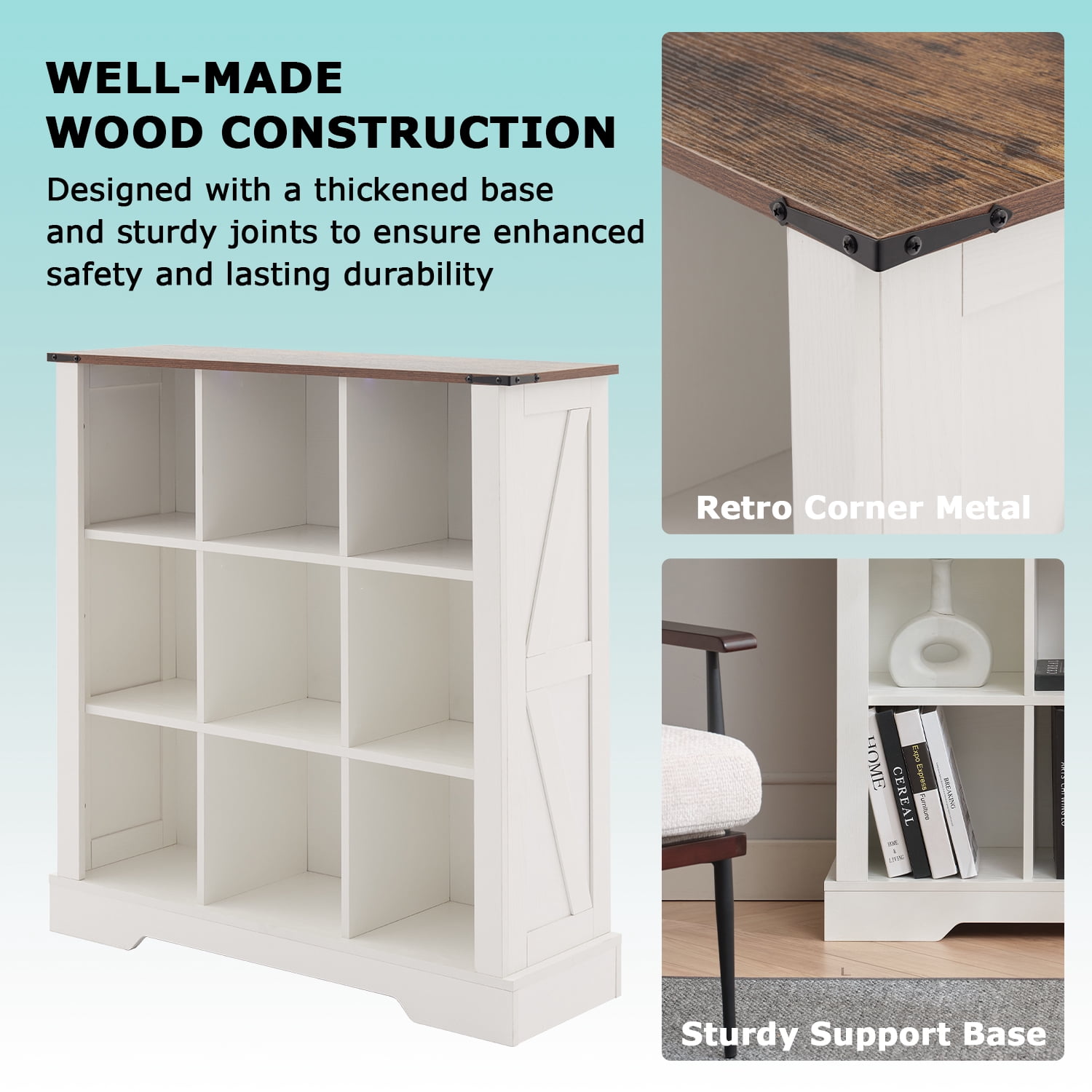 9-Cube LED Bookshelf - Mid-Century Modern Wood Storage Shelf for Bedroom, Living Room & Office, White