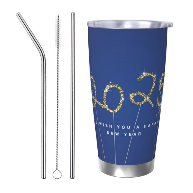 Feliz Año Nuevo 2025 Vaso de acero inoxidable de 20 oz Taza de café de viaje Taza térmica portátil con tapas