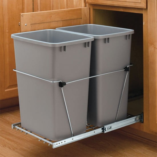 Bottom Mount Trash PullOuts With Standard Close Double Plastic Bins, Bottom Mount PullOut