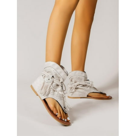 

Women s Tassel Cut Out Detail Flip Flops Basics Plain Slipper Strap Casual Beach Thong sandals Beige CN42(9.5)