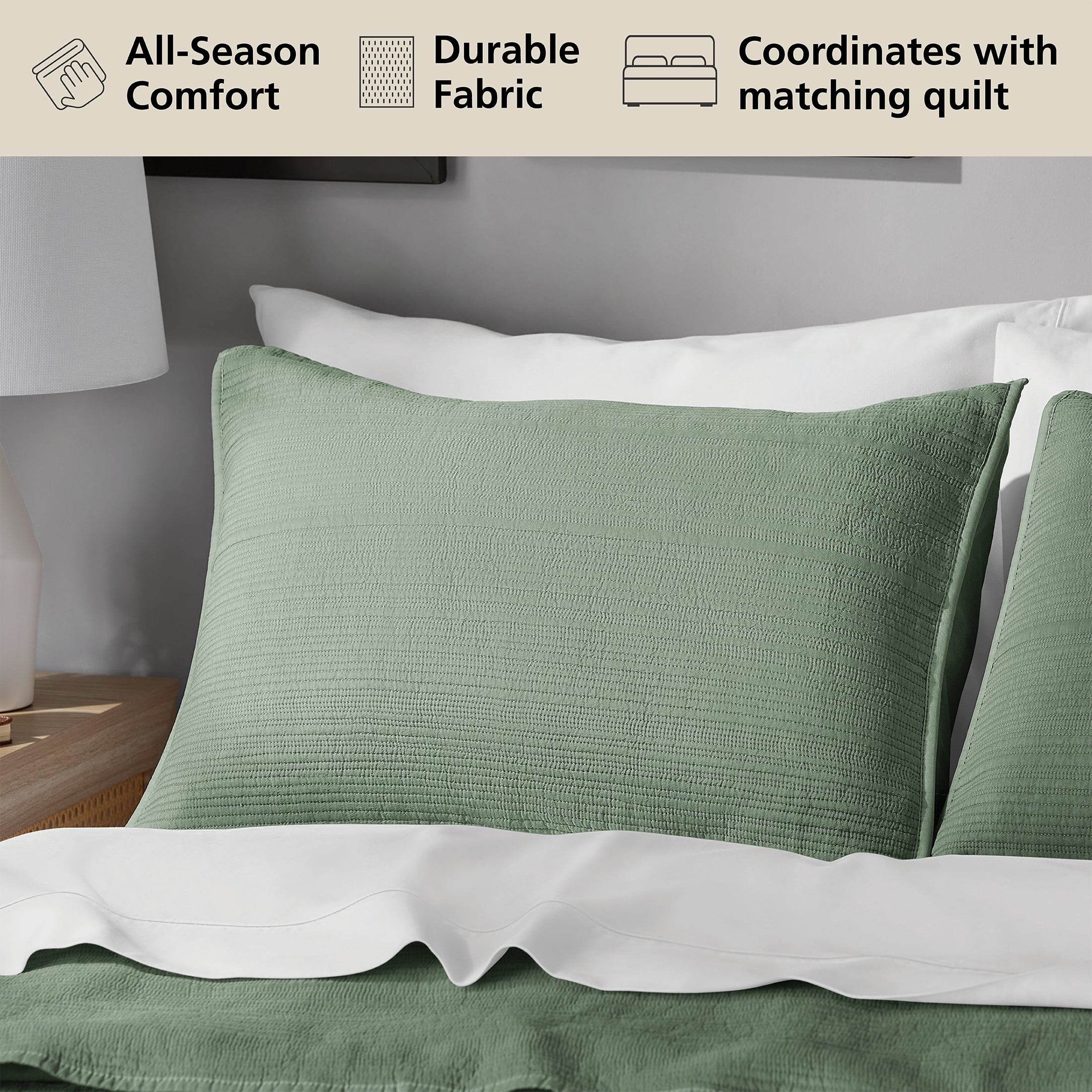 Mainstays Garment Washed Striped Pillow Sham, Standard, Light Green, 1 Pack