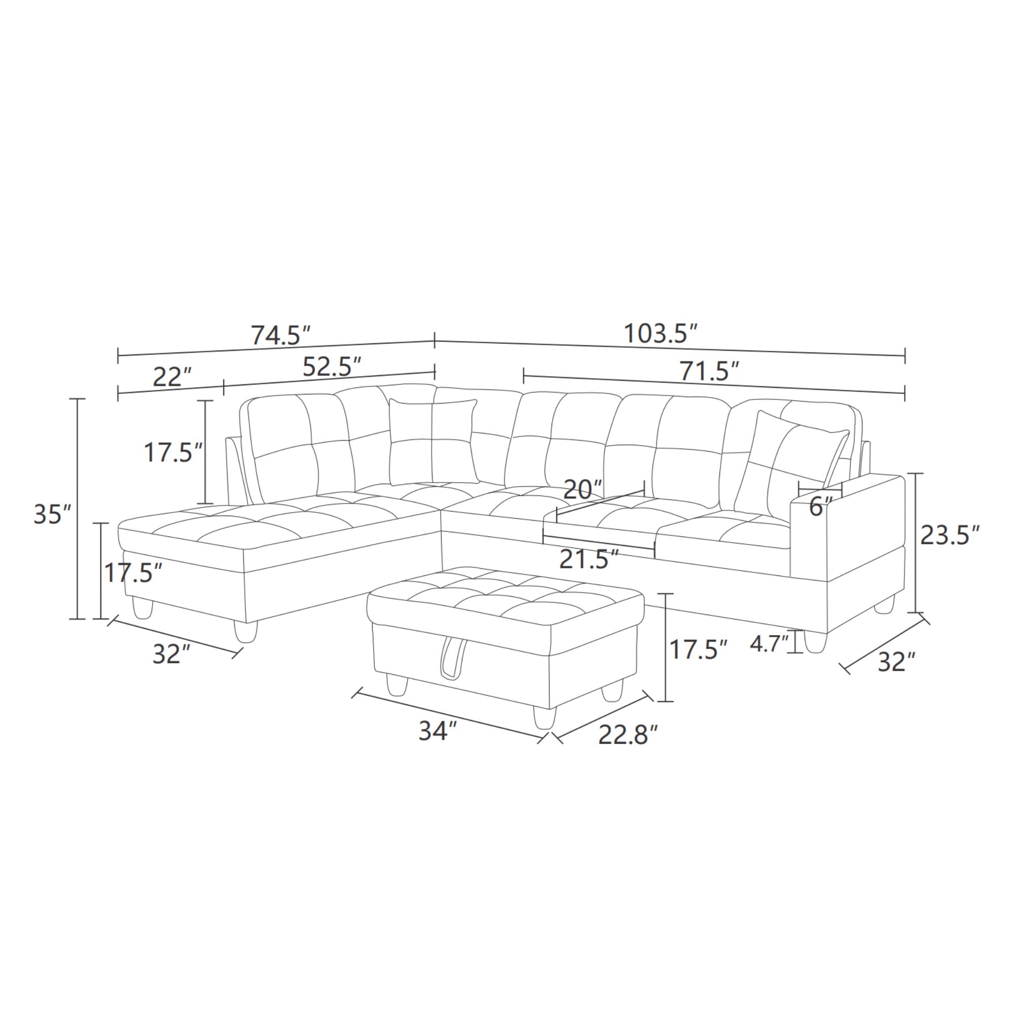 MAYEERTY 103.5" Modular Sofa, 3-Piece Sectional Couches for Living Room, Faux Leather Sofa Set with Ottoman, Black(Left)