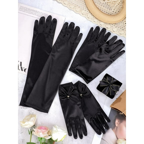 Dalrosia 3 Pairs Women's Long Satin Gloves Elbow Length 1920s Opera Bridal Gloves Short Wrist Length Stretchy Gloves with Pearl