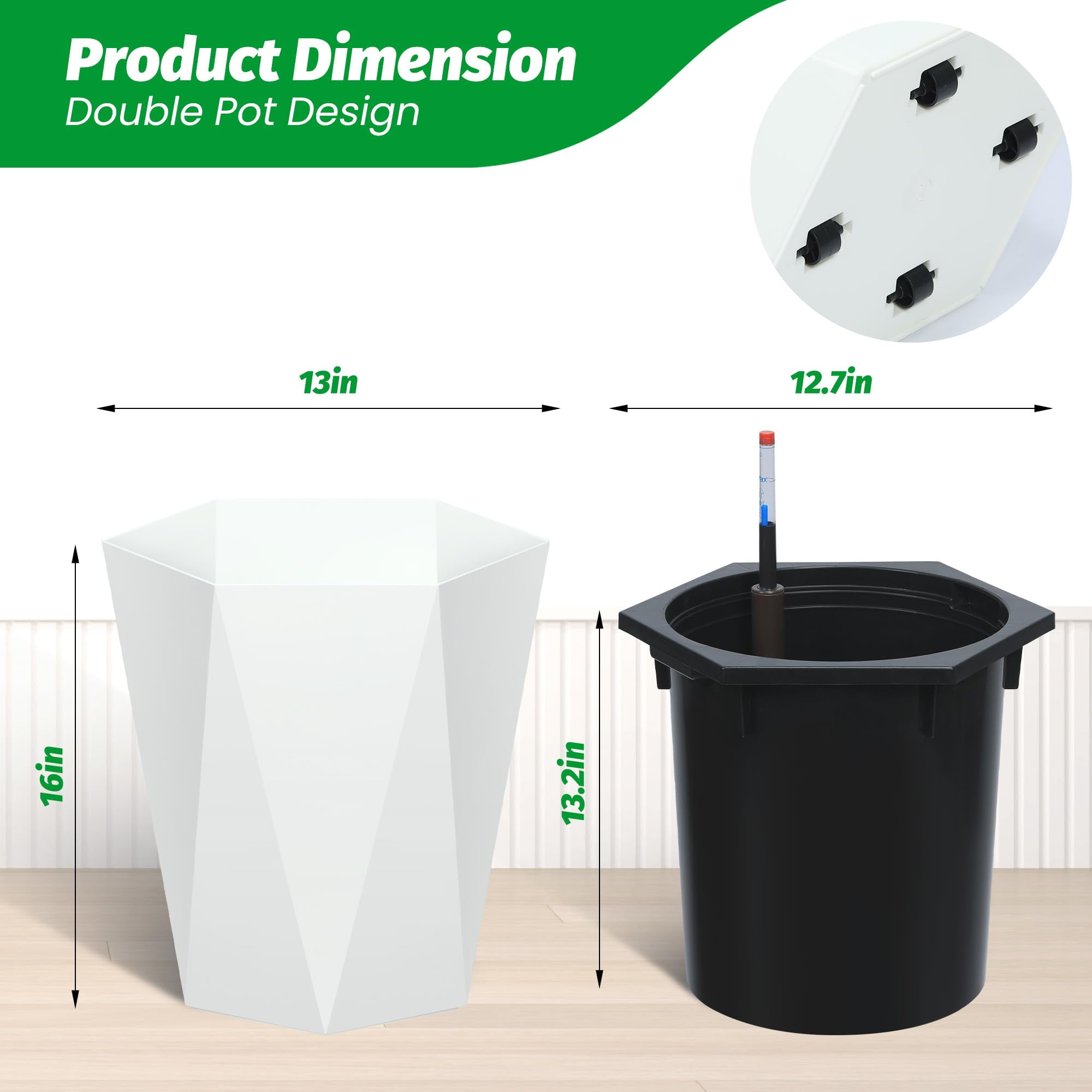 Kojooin 16 Inch Tall Diamond Planters Set of 2, Self Watering Planters with Water Level Monitor and Wheels, Flower Pots Outdoor and Indoor for Patio, Porch, Living Room, Home Office