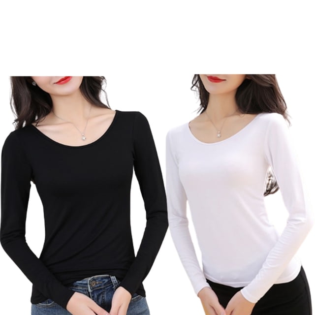 Qarigey Ropa interior térmica femenina de manga larga con cuello redondo, camisa de fondo de otoño para el hogar y la Oficina, ropa interior Prendas para la parte del cuerpo 2 piezas negro blanco XL