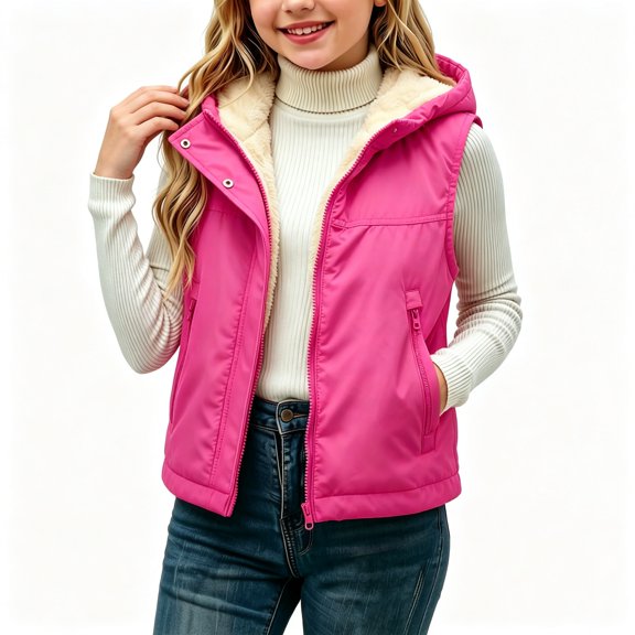 BCSIOAOI Girls Vest,Fleece Lined Full Zip Hooded Sleeveless Warm Vest with Pockets Hot Pink 5-6 Years
