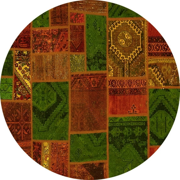 Ahgly Company Machine Washable Indoor Round Patchwork Yellow Transitional Area Rugs, 4' Round
