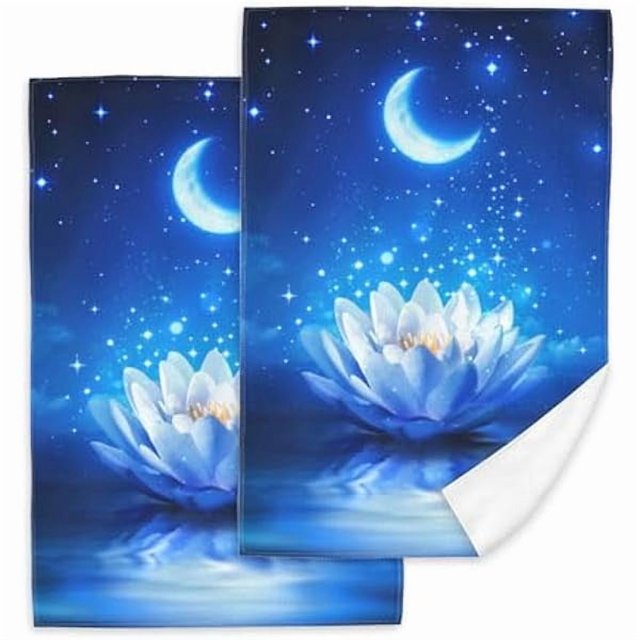 wonima44 Water Lily Magic Hand Towels Set of 2, Flower Moon Soft Absorbent Hand Towels for Kitchen Home Gym Beach 16"x24"