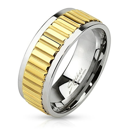 8mm Groove Lined Gold IP Center Stainless Steel Band Men's Fashion Ring (SIZE: