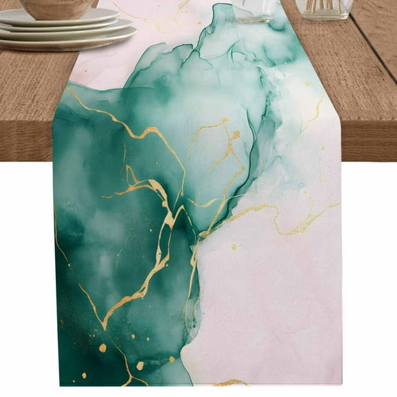 Modern Teal Green Water Ripple Table Runner-70 Inch Long Abstract Pink Marble Table Runners Linen Burlap Tablerunner for Kitchen Dining Room Holiday Party