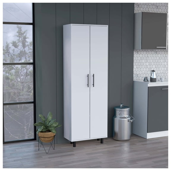 Multistorage Cabinet, 71" Tall, White Wooden Cabinet with 2 Doors & 5 Interior Shelves