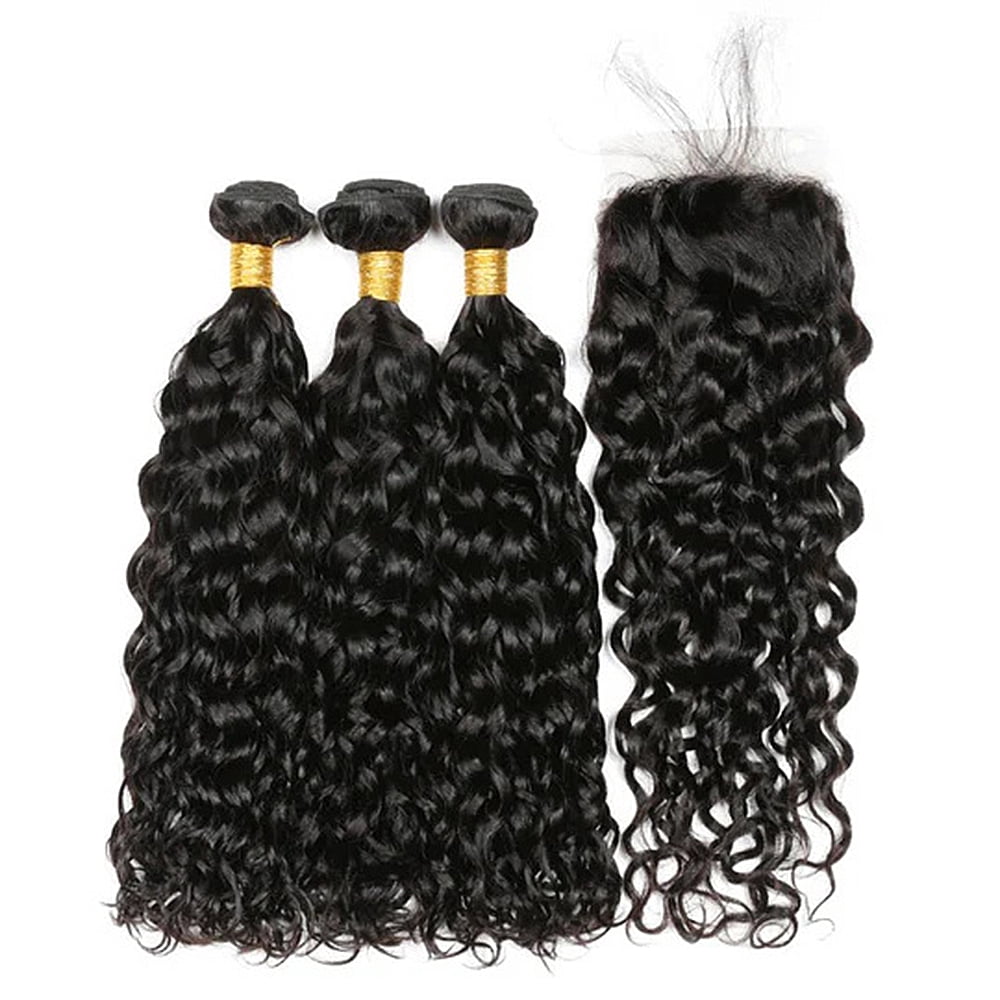 3 Bundles Water Wave Transparent HD Lace Closure Human Hair 4x4 Lace Closure Water Wave Human Hair Closure 10 12 14 inch