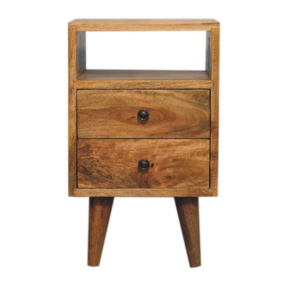 11.8" Oak Finish Solid Wood Nightstand with 2 Drawers, Nordic Style Bedside Table with Brass Knobs