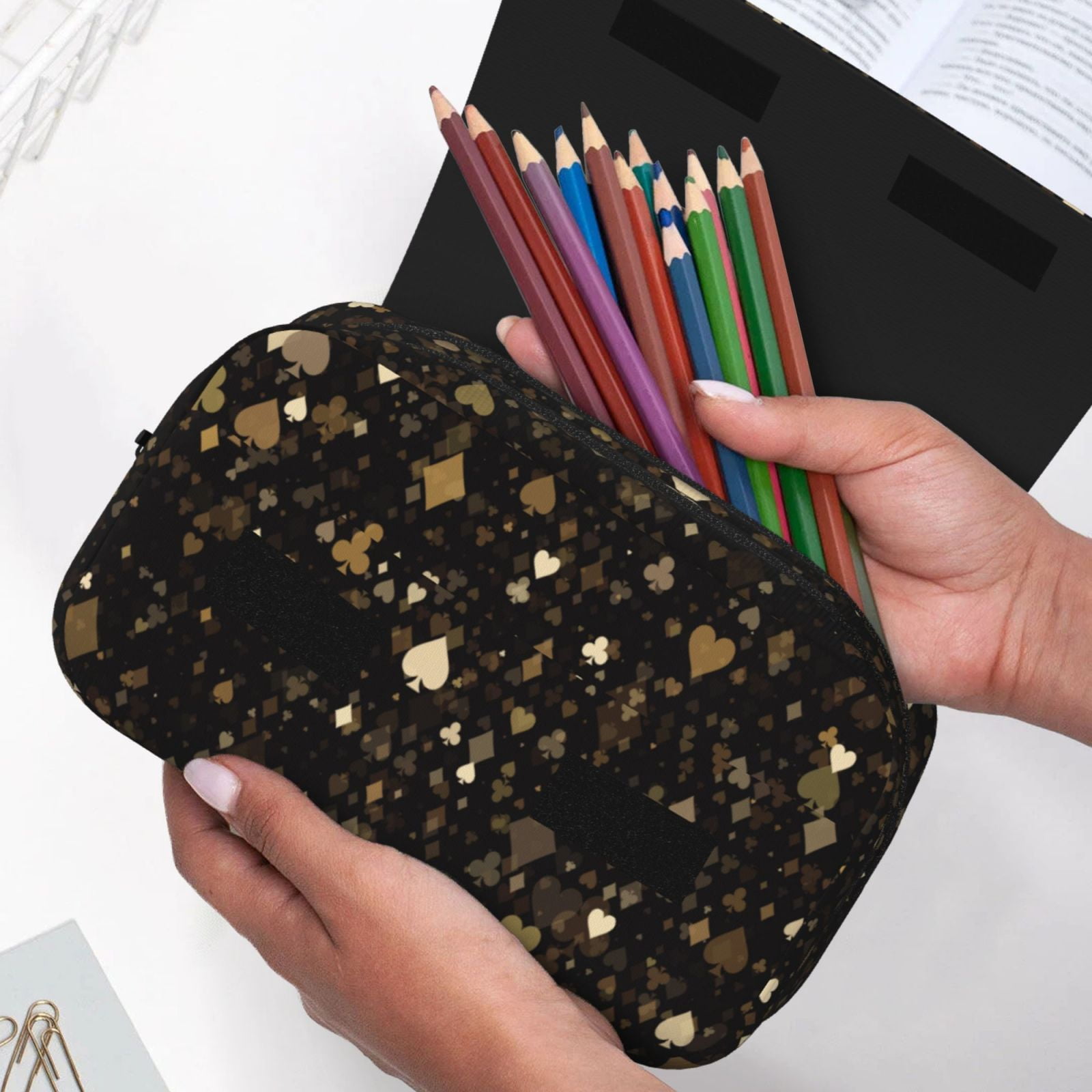 Rateoe Casino Pattern Double Clamshell Pen Case, Storage Organizer with Two Zipper Compartments– Holds Up to 50 Pencils & Pens
