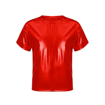 Raenseen Kids Girls Boys Sparkle Metallic T-shirts Modern Jazz Dance Outfits Hip Hop Costumes Party Performance Tops Red 120