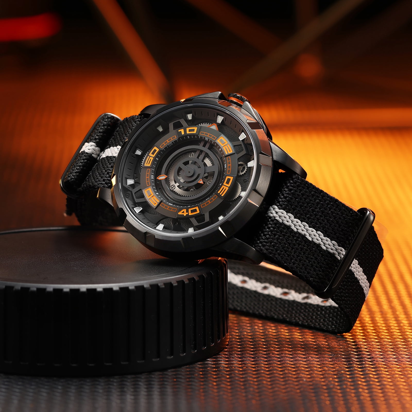 BERNY Mens Skeleton Automatic Watch, Luxury Fashion Self Winding Mechanical Watch with Nylon Strap, Exhibition Caseback, Sapphire Crystal, Luminous 50M Waterproof Watches for Mens Gifts (Black)