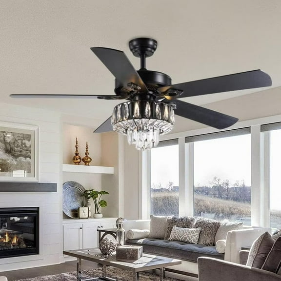 FINE MAKER 52-inch black vintage American Country ceiling fan with light crystal chandelier, wooden blade remote control ceiling fan