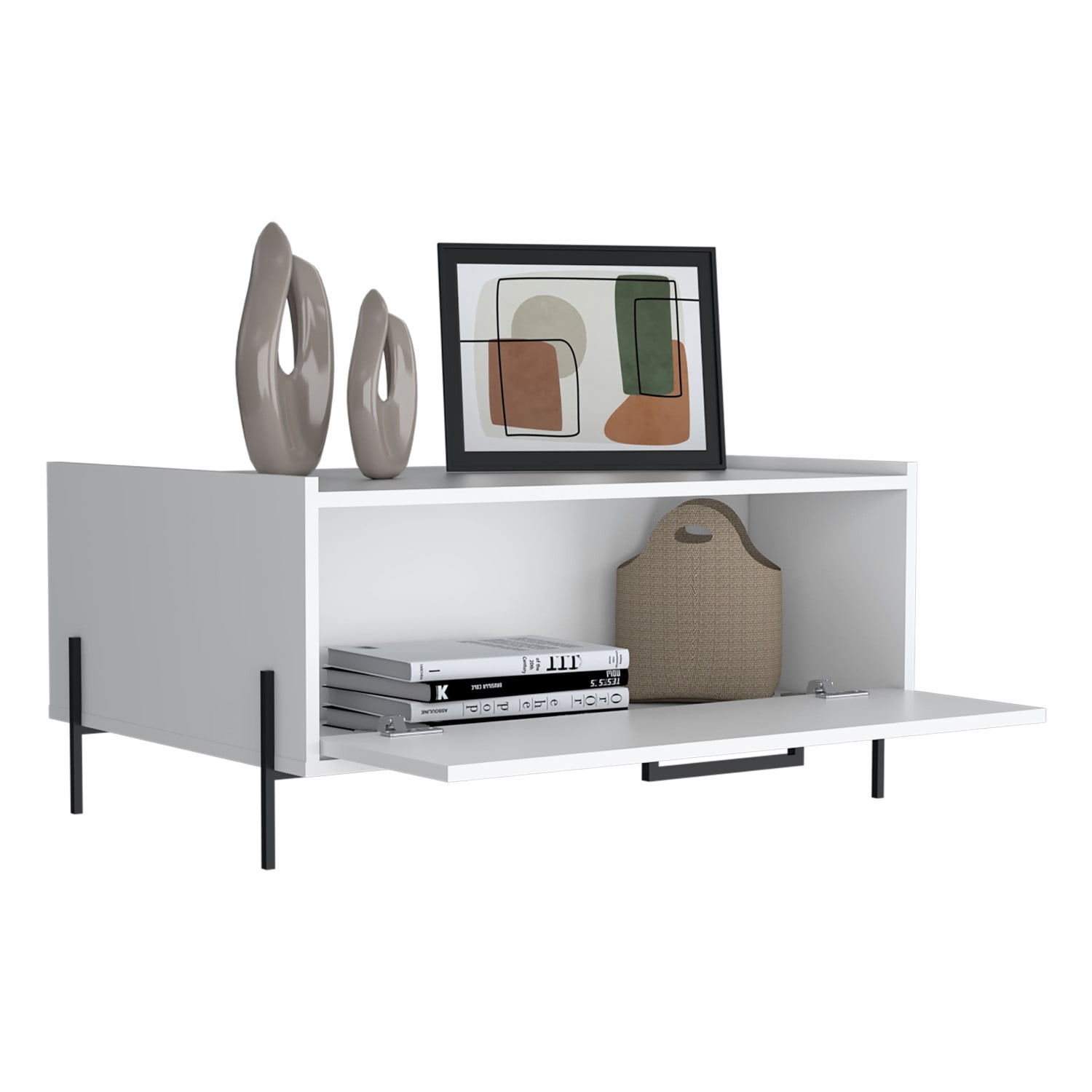 Minimalistic Living Room Coffee Table with Storage, Modern White Finish