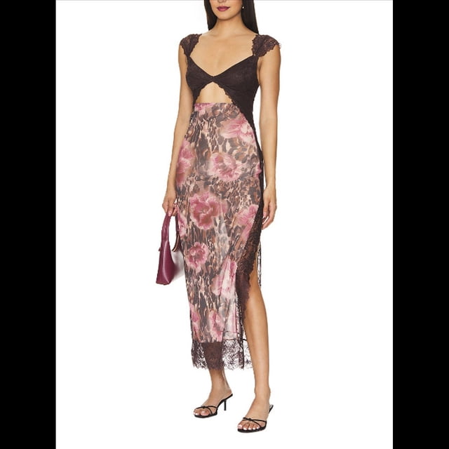 Vestidos Largos de Verano Y2K con Encaje, Retazos, , Estampado Floral, Escote Corazón, Espalda Descubierta y Abertura para Mujer Gris M
