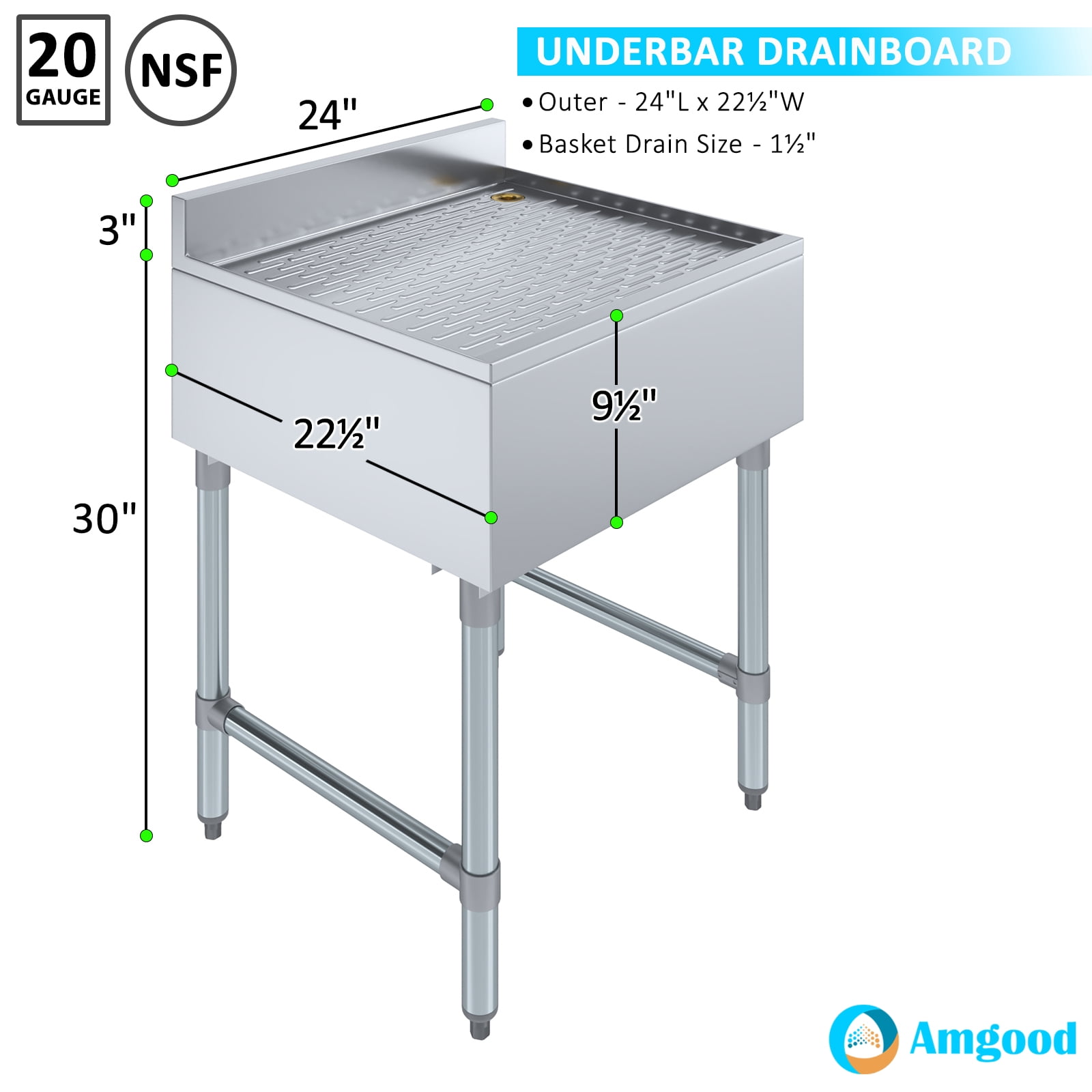 AmGood Underbar Stainless Steel Drainboard 22-1/2 in. x 24 in. x 30 in. H with 3 in. Backsplash