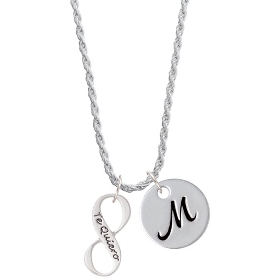 Delight Jewelry Silvertone Te Quiero Infinity Sign Silvertone Script Initial Disc - M - Charm Necklace, 20"+3"
