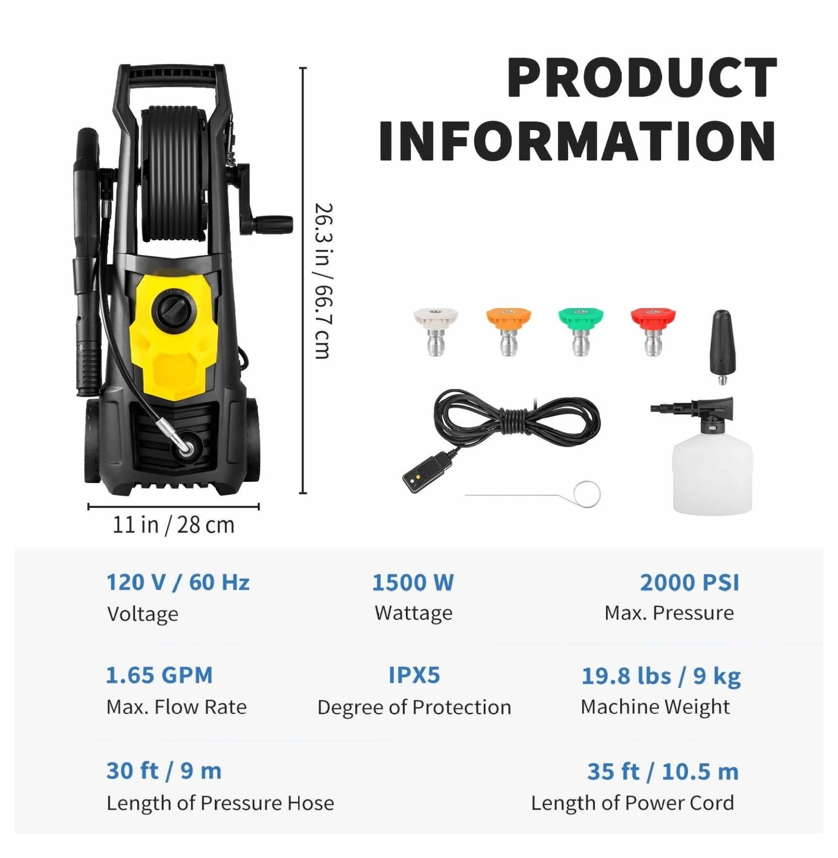 Electric Pressure Washer 2000 PSI 1.65 GPM - Power Washer with 30ft Hose, 5 Nozzles & Foam Cannon - Portable for Car, Patio, Driveway Cleaning - ETL Listed