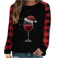 thumbnail image 3 of Uootdi Women's Christmas Long Sleeve Raglan Christmas Snowflake Plaid Red Wine Glass Santa Hat Graphic Gift Print Holiday Sweat shirt, 3 of 4