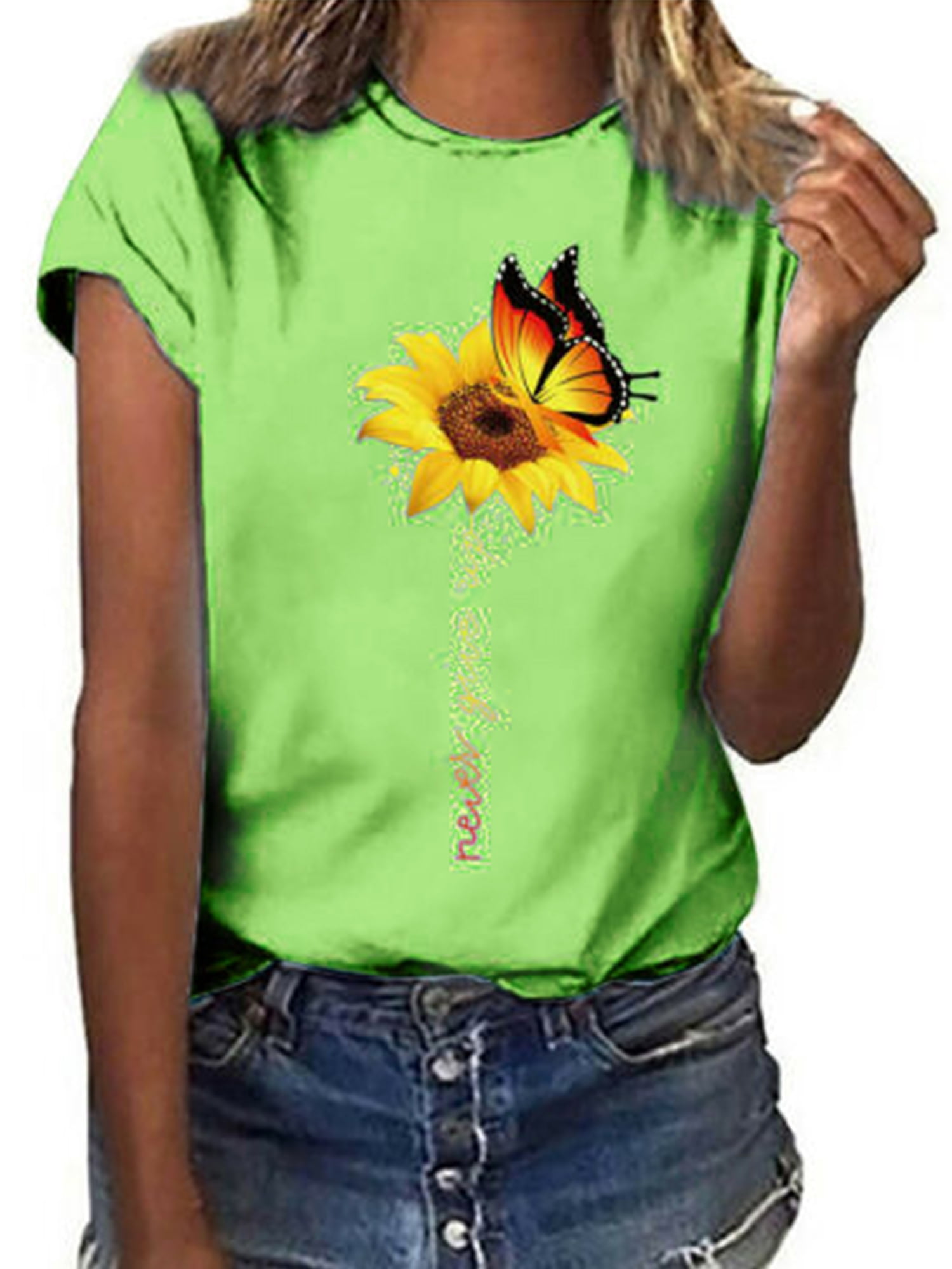 Nouveau T-Shirt pour Femmes un Petit Tournesol Manches Courtes Col Rond T-Shirt d'Été pour Dames Tee Blouse