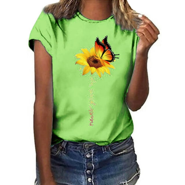 LUXUR Hauts pour Femmes T-Shirt Imprimé Tournesol Papillon Lettre T-Shirt Tunique Décontractée Blouse Manches Courtes Chandail Sans L