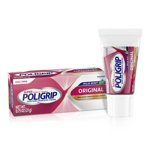 Super Poligrip Original Zinc Free Denture and Partials Adhesive Cream, 0.75 Oz, for Adults