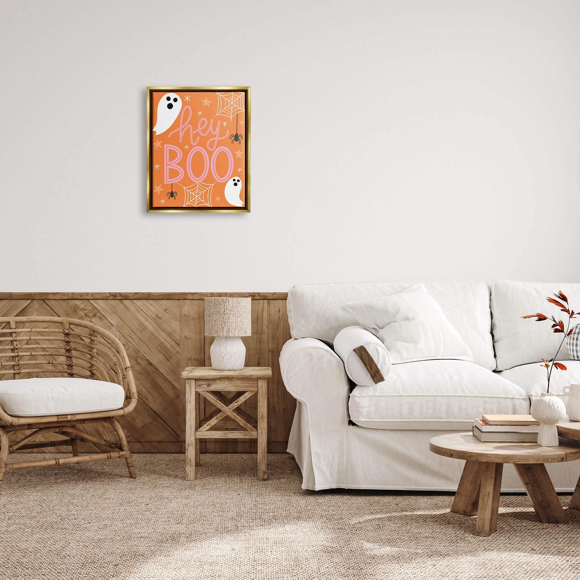 Hey Boo Orange Halloween Ghosts Holiday Graphic Art Metallic Gold Framed Art Print Wall Art