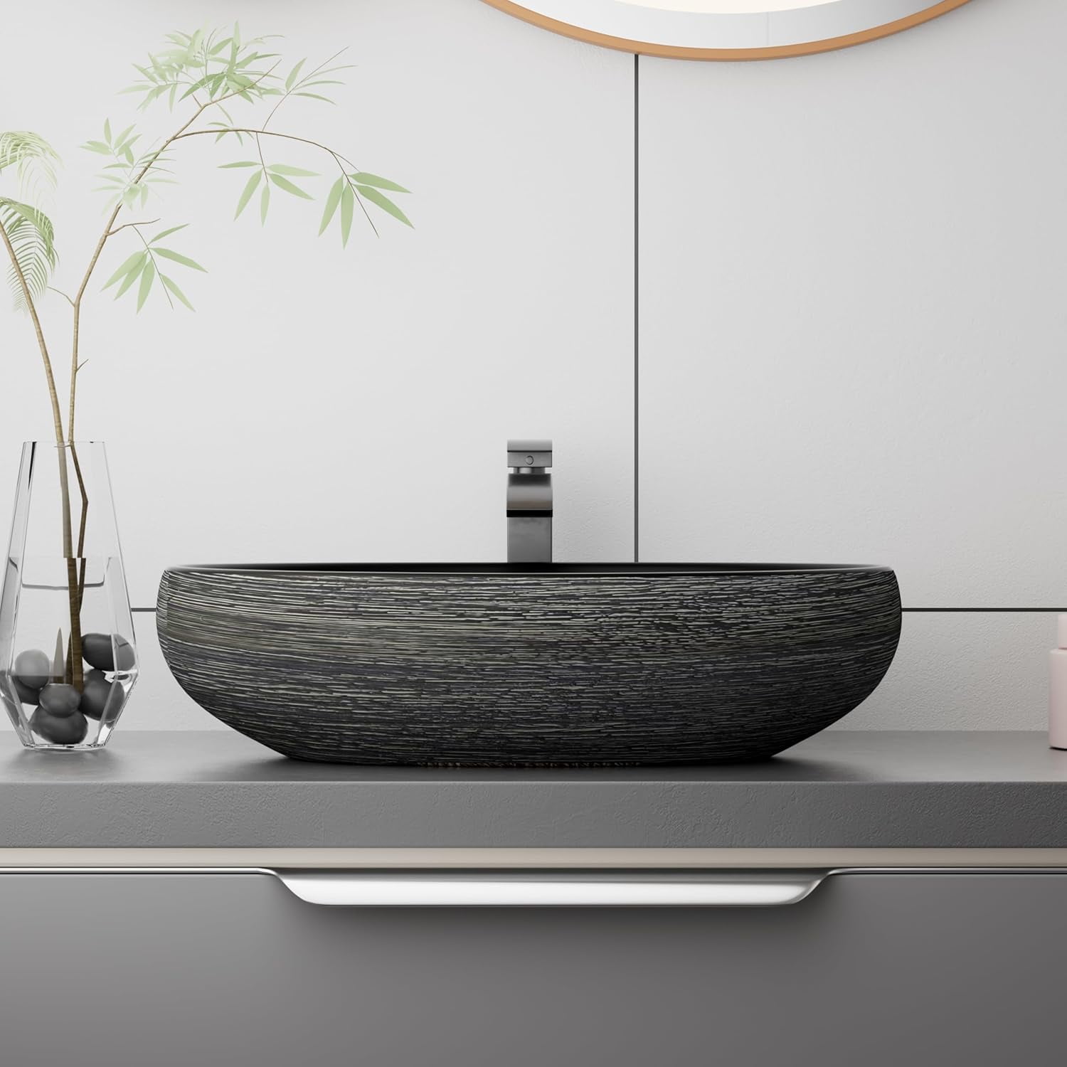 WinZo Bathroom Artistic Vessel Sink, 24x16x5.9 inch Oval Bowl Sink, Retro Ceramic Washbasin Above Counter, Ceramic Porcelain Bathroom Sink Bowl for Vanity, Matte black