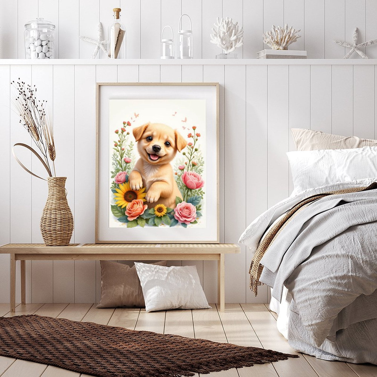Diamond Art Kit for Adults, Adorable Puppy Floral Delight Diamond Painting for Adults Beginners, 5D DIY Diamond Art Painting Kits, Colorful Diamond Painting Craft for Home Decor 12x16