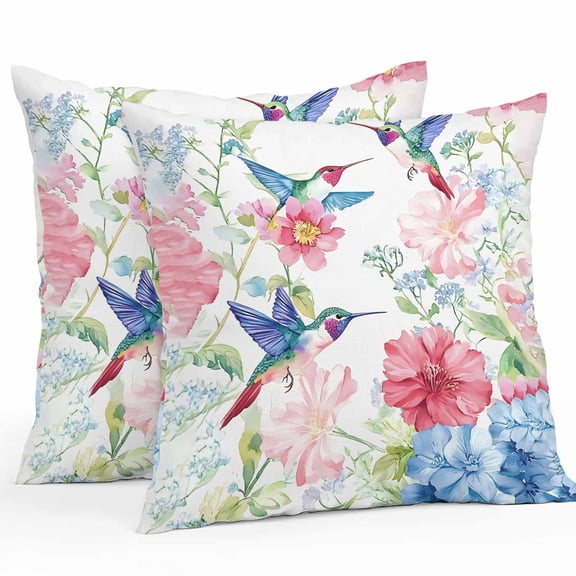 Watercolor Pink Outdoor Pillow Covers Pack of 2 Blue Hummingbird Flowers Pastoral Plant Waterproof Throw Pillow Covers Decorative Cushion Cases for Patio Garden Tent Balcony Couch 18x18 inch