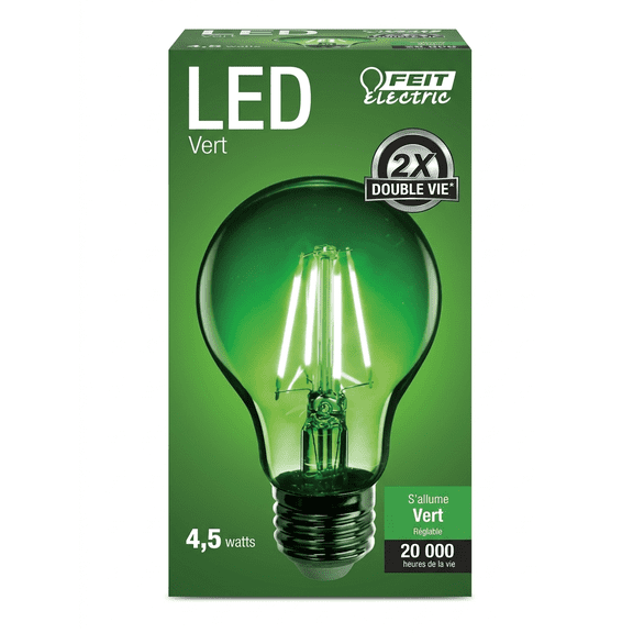 Feit Electric LED A19 Light Bulb, 4.5 Watts, Green, Dimmable, 20,000 Hours Life