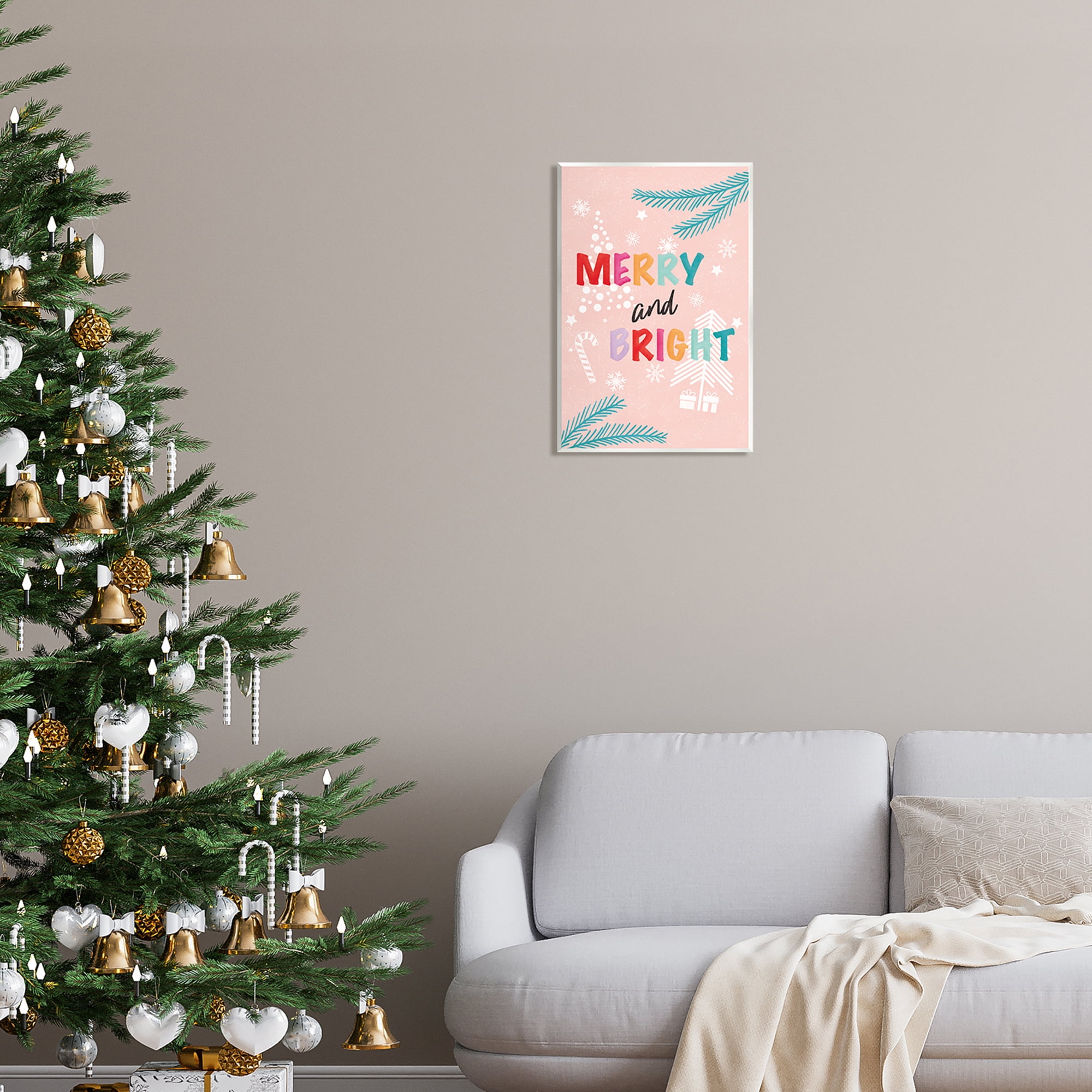 Stupell Industries Merry & Bright Pastel Phrase Holiday Painting Unframed Art Print Wall Art
